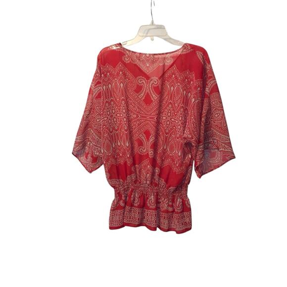 Chico’s Red Paisley Sheer Blouse Kimono Sleeve Cinched Waist size small - Picture 3 of 6